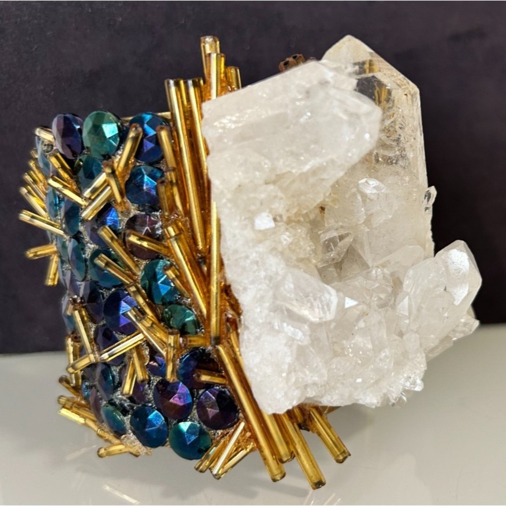 Vintage 80s Raw Quartz Crystal Cluster Runway Statement Cuff Bracelet Brutalist